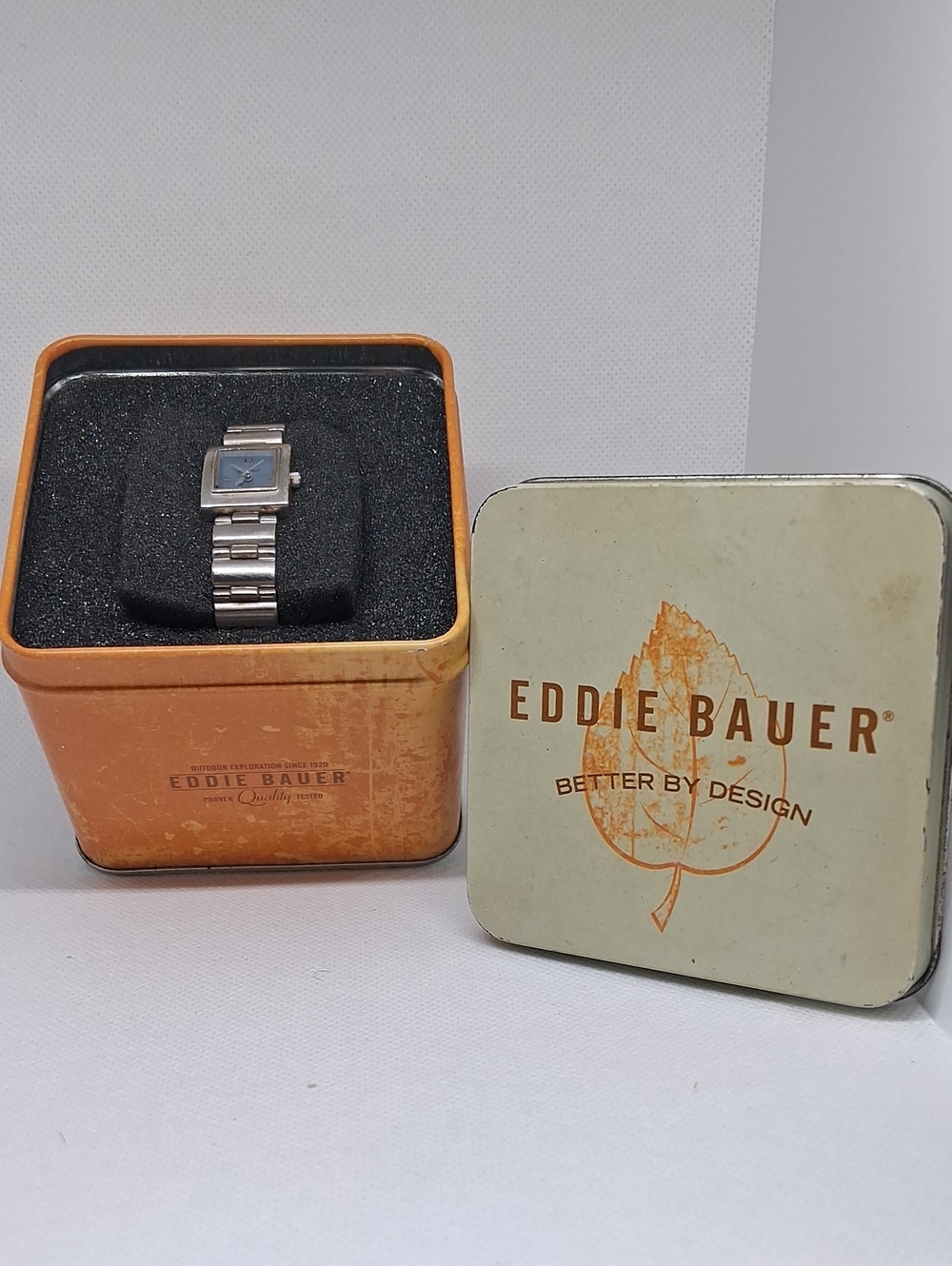 Vintage Eddie Bauer Silver Bracelet Watch with Blue Square Dial